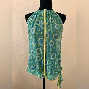 Alicia Hollen Silk Tank Top Teal & Yellow Polka Dot Size Medium